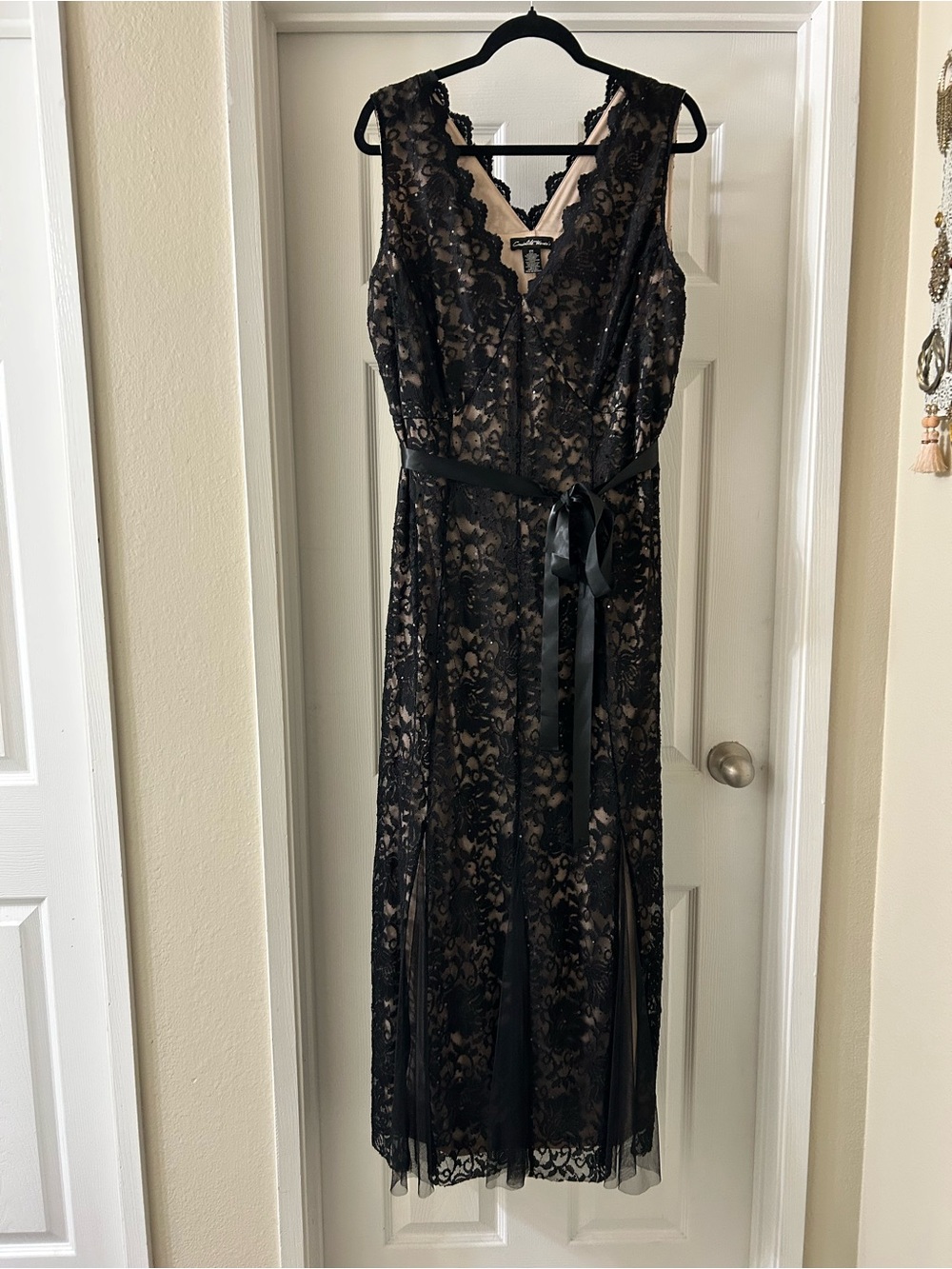 Black Lace V-Neck Midi Dress with Satin Ribbon